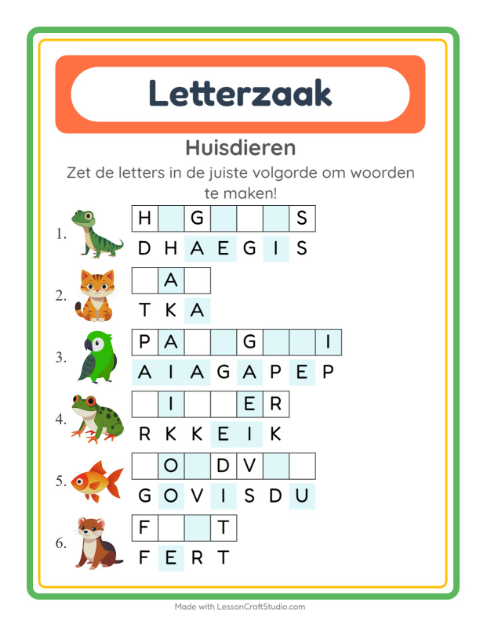 Voorbeeld van het Woordpuzzel-werkblad met Huisdieren voor groep 3