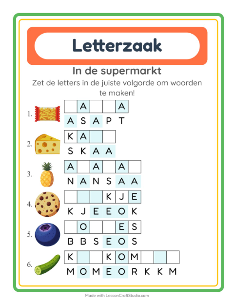 Voorbeeld van het Woordpuzzel-werkblad met In de supermarkt voor groep 3
