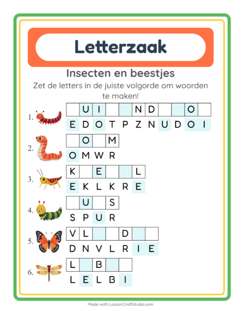 Voorbeeld van het Woordpuzzel-werkblad met Insecten en beestjes voor groep 3