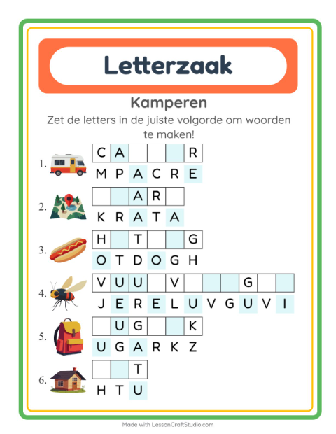 Voorbeeld van het Woordpuzzel-werkblad met Kamperen voor groep 3