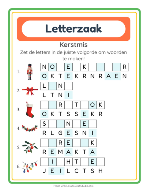 Voorbeeld van het Woordpuzzel-werkblad met Kerstmis voor groep 3