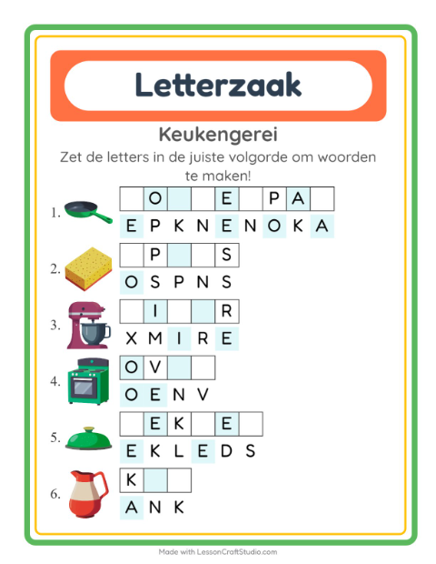 Voorbeeld van Husselwoorden: korte woorden met keukenspullen – werkblad groep 3