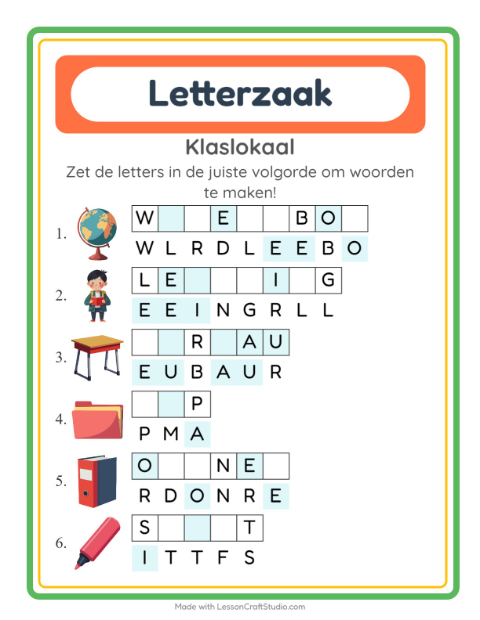 Voorbeeld van het Woordpuzzel-werkblad met Klaslokaal voor groep 3