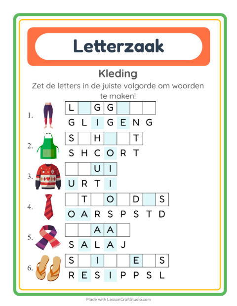 Voorbeeld van het Woordpuzzel-werkblad met Kleding voor groep 3