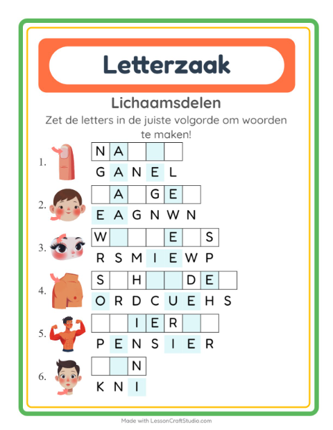 Voorbeeld van het Woordpuzzel-werkblad met Lichaamsdelen voor groep 3