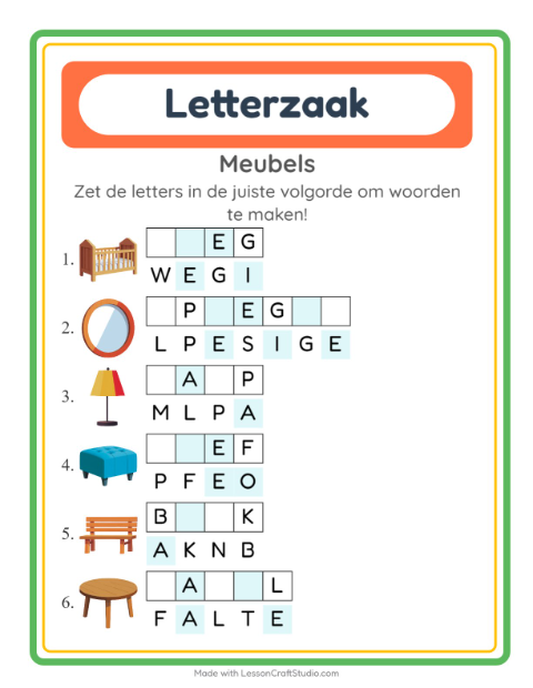 Voorbeeld van het Woordpuzzel-werkblad met Meubels voor groep 3