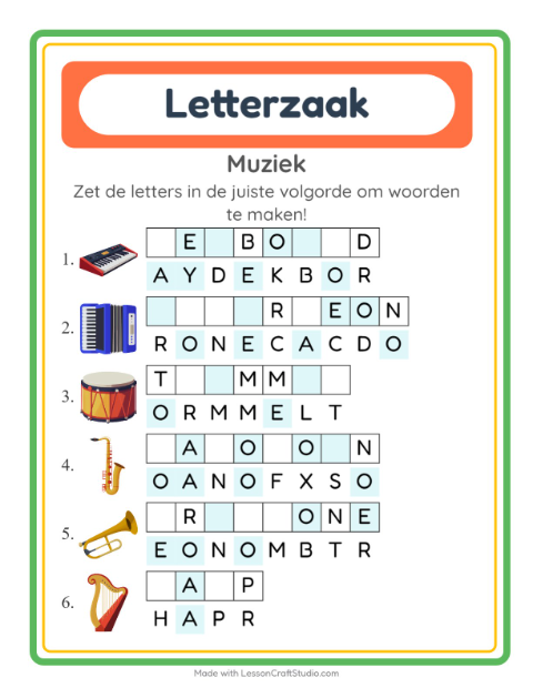 Voorbeeld van het Woordpuzzel-werkblad met Muziek voor groep 3