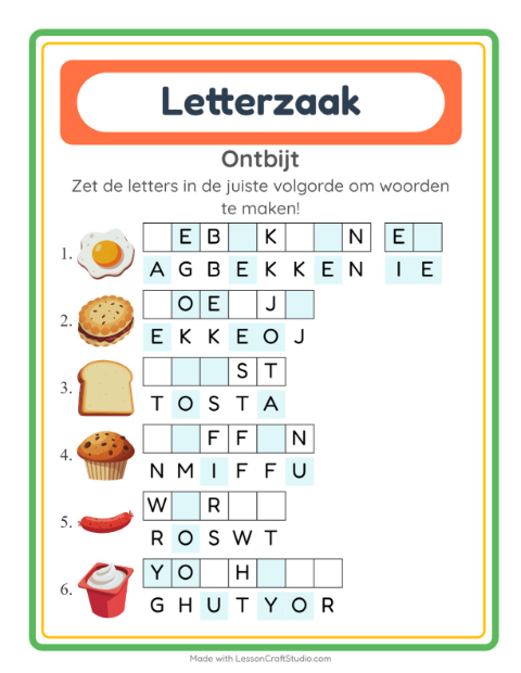 Voorbeeld van het Woordpuzzel-werkblad met Ontbijt voor groep 3