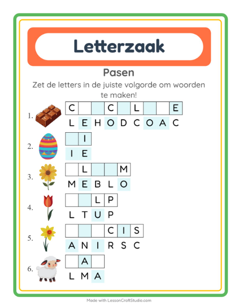 Voorbeeld van het Woordpuzzel-werkblad met Pasen voor groep 3