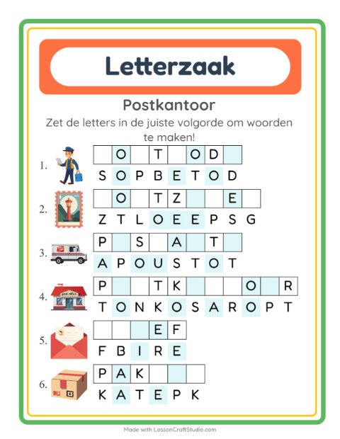 Voorbeeld van het Woordpuzzel-werkblad met Postkantoor voor groep 3