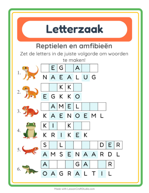 Voorbeeld van het Woordpuzzel-werkblad met Reptielen en amfibieën voor groep 3