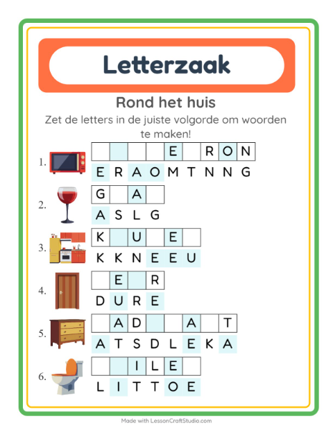 Voorbeeld van het Woordpuzzel-werkblad met Rond het huis voor groep 3
