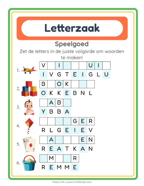 Voorbeeld van het Woordpuzzel-werkblad met Speelgoed voor groep 3
