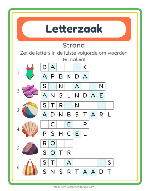 Voorbeeld van het Woordpuzzel-werkblad met Strand voor groep 3