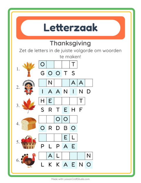 Voorbeeld van het Woordpuzzel-werkblad met Thanksgiving voor groep 3