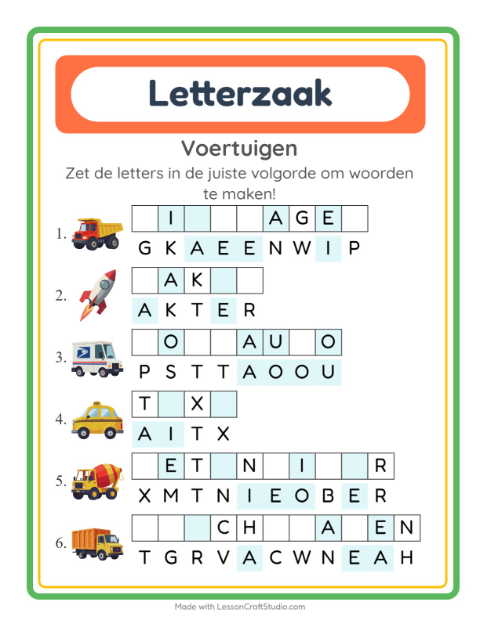 Voorbeeld van het Woordpuzzel-werkblad met Voertuigen voor groep 3