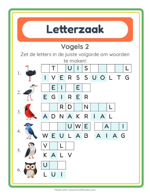 Voorbeeld van het Woordpuzzel-werkblad met Vogels 2 voor groep 3