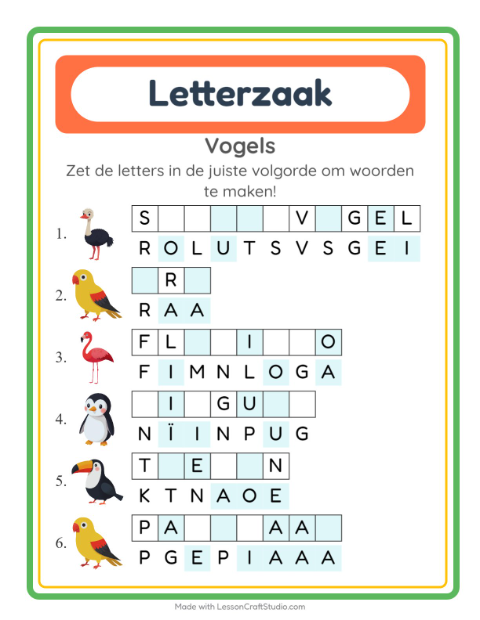 Voorbeeld van het Woordpuzzel-werkblad met Vogels voor groep 3