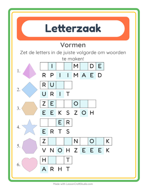 Voorbeeld van het Woordpuzzel-werkblad met Vormen voor groep 3