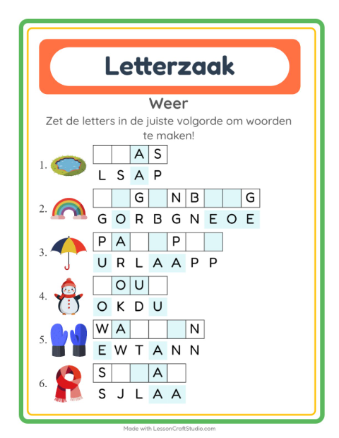 Voorbeeld van het Woordpuzzel-werkblad met Weer voor groep 3
