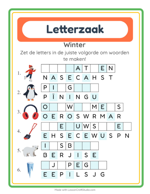 Voorbeeld van het Woordpuzzel-werkblad met Winter voor groep 3