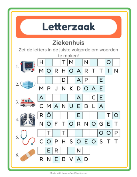 Voorbeeld van het Woordpuzzel-werkblad met Ziekenhuis voor groep 3