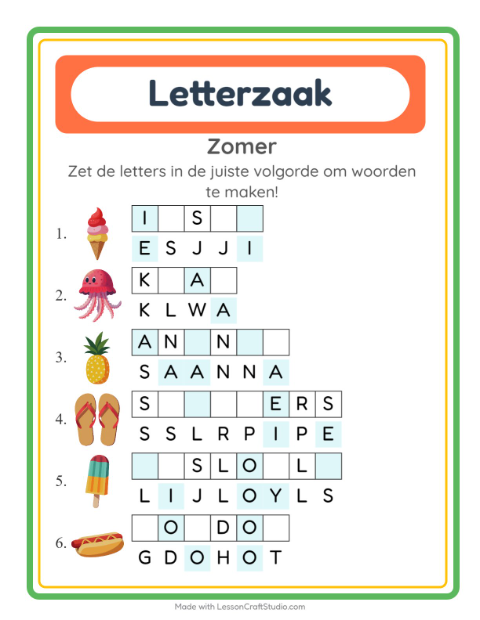 Voorbeeld van het Woordpuzzel-werkblad met Zomer voor groep 3