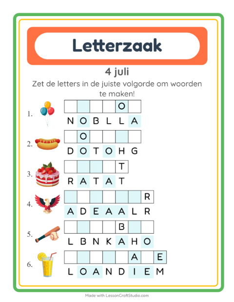 Voorbeeld van het Woordpuzzel-werkblad met 4 juli voor groep 3