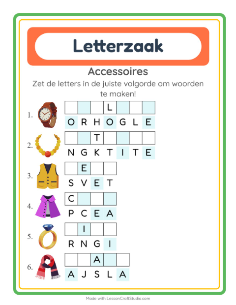 Voorbeeld van het Woordpuzzel-werkblad met Accessoires voor groep 3