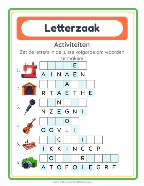 Voorbeeld van het Woordpuzzel-werkblad met Activiteiten voor groep 3
