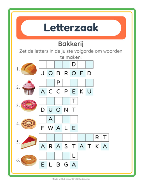 Voorbeeld van het Woordpuzzel-werkblad met Bakkerij voor groep 3