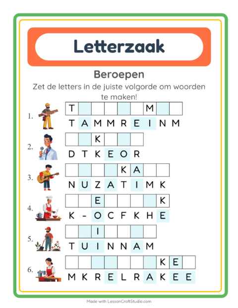 Voorbeeld van het Woordpuzzel-werkblad met Beroepen voor groep 3