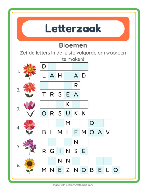 Voorbeeld van het Woordpuzzel-werkblad met Bloemen voor groep 3