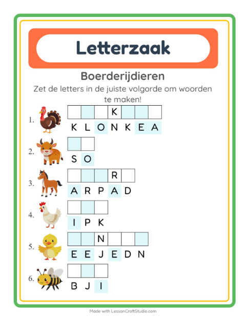 Voorbeeld van het Woordpuzzel-werkblad met Boerderijdieren voor groep 3