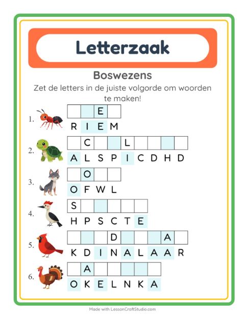 Voorbeeld van het Woordpuzzel-werkblad met Boswezens voor groep 3