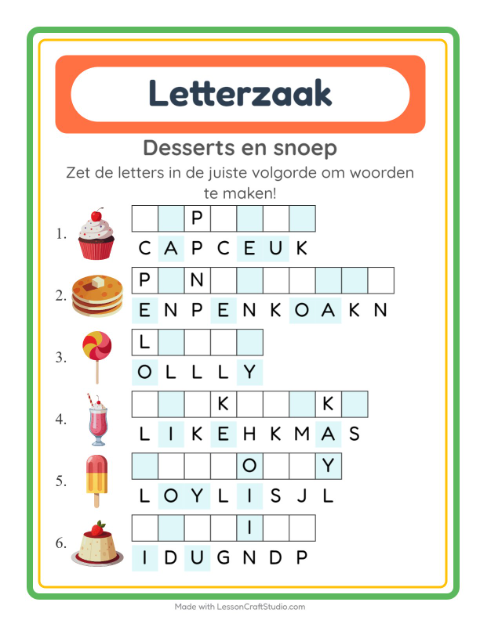 Voorbeeld van het Woordpuzzel-werkblad met Desserts en snoep voor groep 3