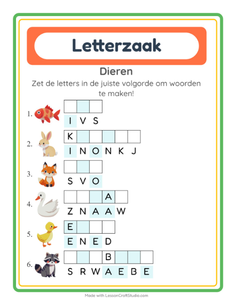 Voorbeeld van het Woordpuzzel-werkblad met Dieren voor groep 3