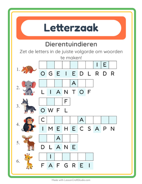Voorbeeld van het Woordpuzzel-werkblad met Dierentuindieren voor groep 3