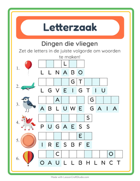 Voorbeeld van het Woordpuzzel-werkblad met Dingen die vliegen voor groep 3