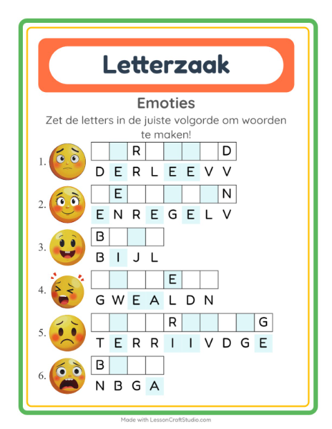 Voorbeeld van het Woordpuzzel-werkblad met Emoties voor groep 3