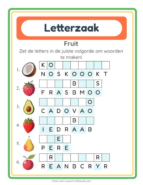Voorbeeld van het Woordpuzzel-werkblad met Fruit voor groep 3