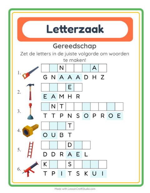 Voorbeeld van het Woordpuzzel-werkblad met Gereedschap voor groep 3
