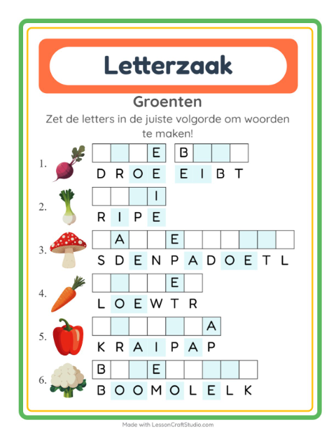 Voorbeeld van het Woordpuzzel-werkblad met Groenten voor groep 3