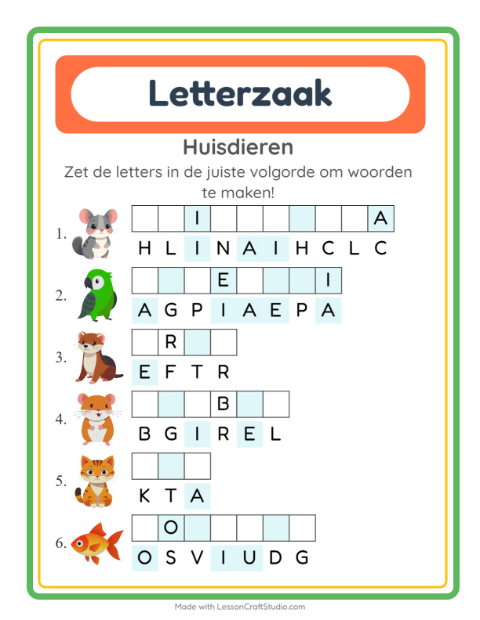 Voorbeeld van het Woordpuzzel-werkblad met Huisdieren voor groep 3