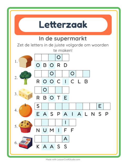 Voorbeeld van het Woordpuzzel-werkblad met In de supermarkt voor groep 3