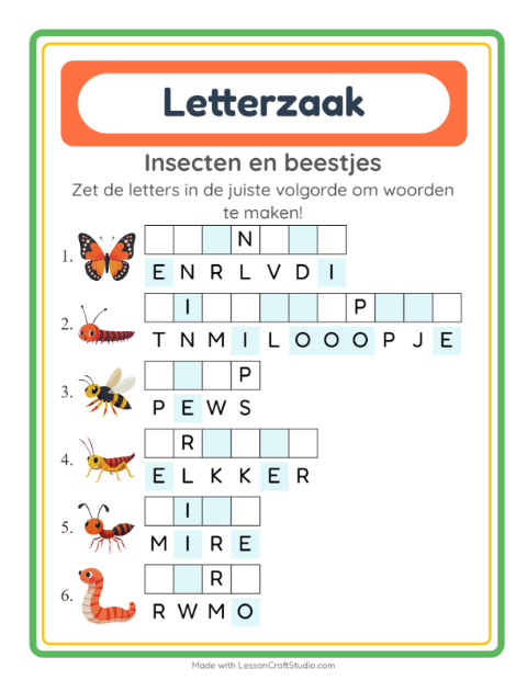 Voorbeeld van het Woordpuzzel-werkblad met Insecten en beestjes voor groep 3