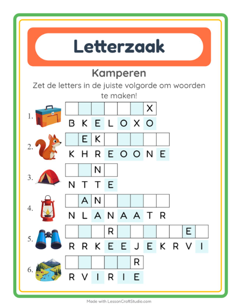 Voorbeeld van het Woordpuzzel-werkblad met Kamperen voor groep 3