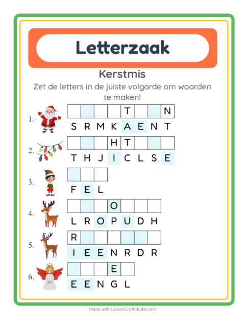 Voorbeeld van het Woordpuzzel-werkblad met Kerstmis voor groep 3