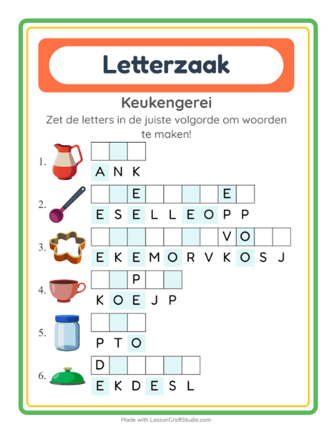Voorbeeld van het Woordpuzzel-werkblad met Keukengerei voor groep 3