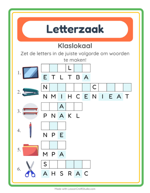 Voorbeeld van het Woordpuzzel-werkblad met Klaslokaal voor groep 3